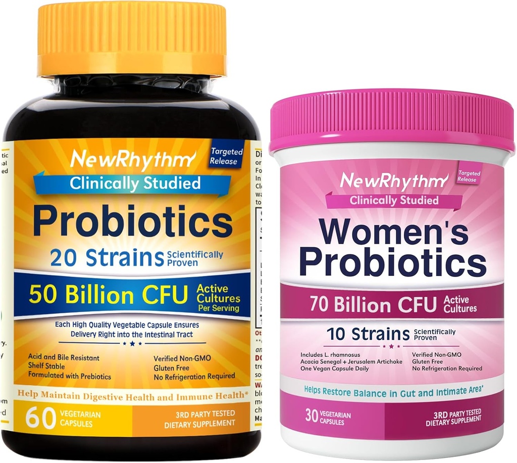 NewRhythm Gut & Feminine Health Bundle, Progories 50 Milyar CFU & Women 's Progreon CFU, Daily Gut Health & Feminine Care, 90 Capsules Total (Pack of 2)