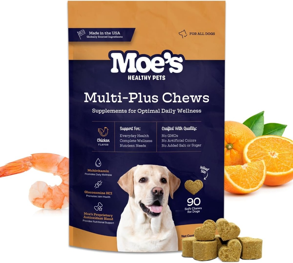 Moe 's 5-in- 1 EstilDog Multivitamin 90 Chicken Flavored Chews for Dog' s Imuniunts, Heart, Skin, Coat, & Overall Heal- Vitamin A, B12, C, D, E, Antioksidants, Omega 3 for All Ages & Breeds
