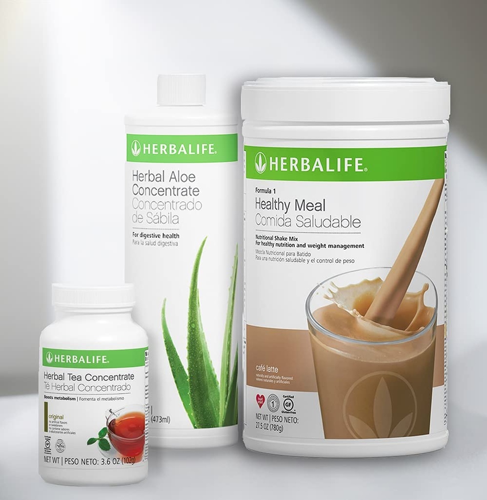Trio Combo HERBALIFE Formula 1 Sehat Nutres Shake Mix (Cafe Latte 780g) -Herbal Aloe Konsentrasikan Pint (asli 473ml) - Konsentrat Teh Herbal (102g)