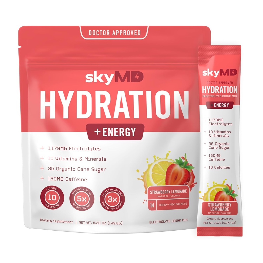 SkyMD Hidration + Energy 124; Electrolytes Powder Packters 124; Low Sugar, Sodium, 10 Calories 124; 10 Vitamin & Minamins 124; 150g Caffeine for Increased Focus and Performance 124; Strawberry Leemary 124; 14 Sticks