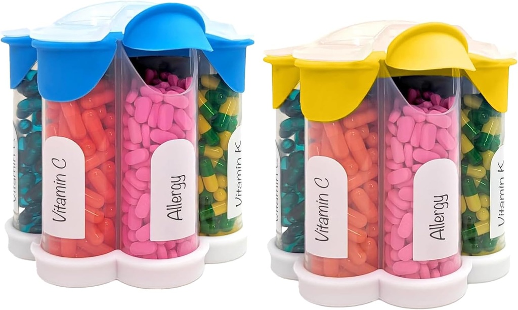 Extra Large Pill Organizer Daily, Weekly, Monthly Suplement Bottle, Cute Blossom Pill Dispenser dengan 7 XL Compartment (2 Pack Combo) (Light Blue and Yellow)
