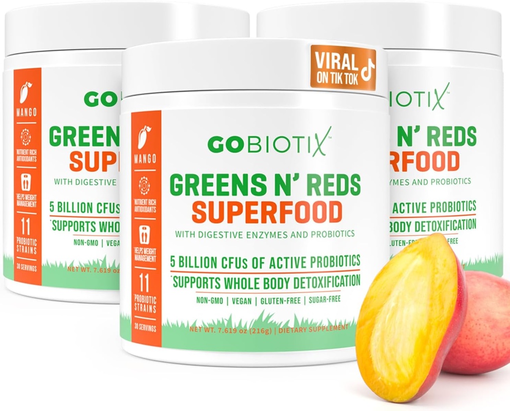 GOBIOTIX Super Greens and Reds Powder - Red and Green Superfood - Probiotic Suplement - Digetical Enzymes and Beet Root Powder - Organic Whole Foods Diet Supplemen (Mango, 3 Pack)