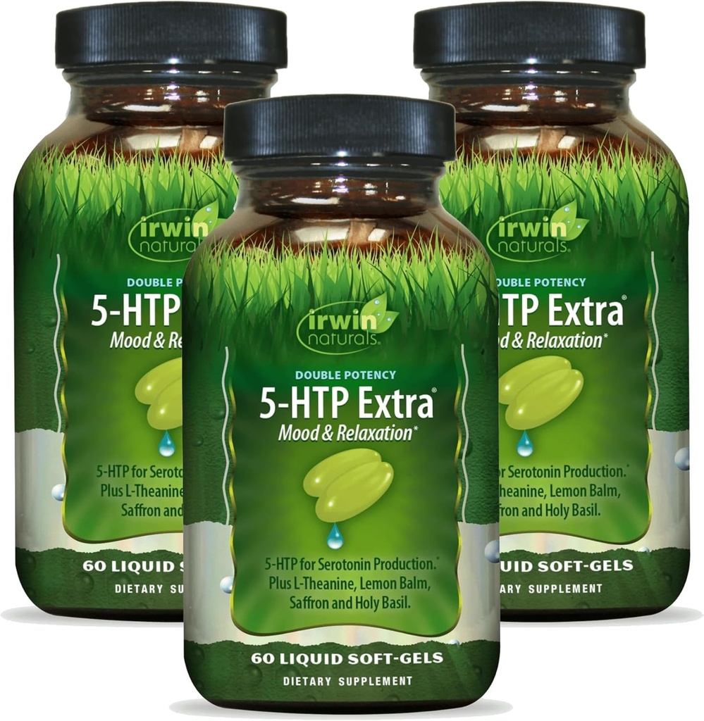 Irwin Naturals Double Potency 5-HTP Extra - 60 Liquid Soft- Gels, Pack of 3 - for Relaxation & Serotonin Produksi - 90 Total Serotonin