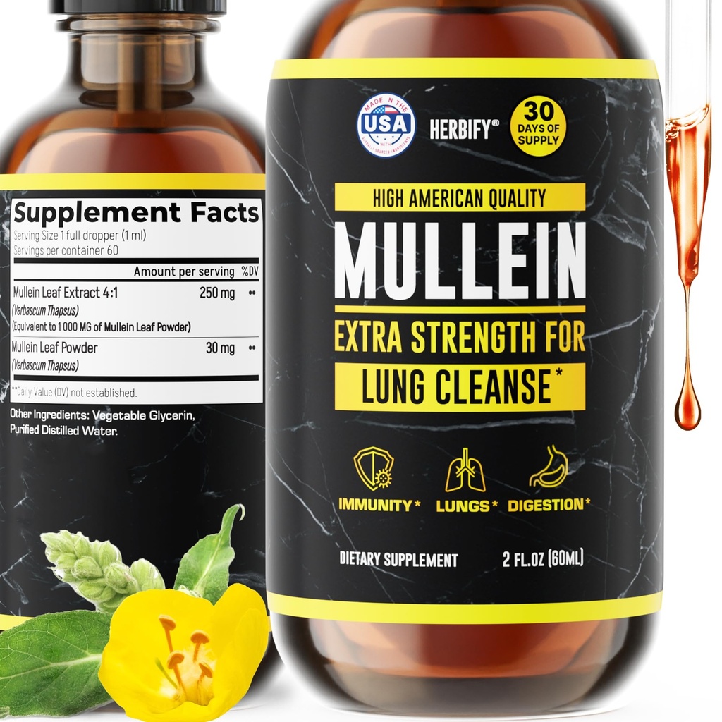 HERBIFY Mullein Extract 2 oz Tacture for Respiratory Health, Mullein Leaf and Flowers Blend (Verbacum Densiflorum)