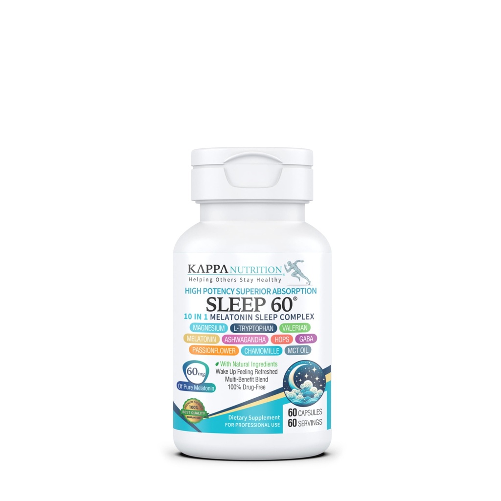 KAPPA NutTRITION Sleep 60, Sleep Aid, 60mg of Melonatin, 60- Day Suply, NON-Habit Forming Vegan Capsules Natural Ingredians for Easier Bedtime, Herbal Supplemen, Valerian Root, Chamomile Non-GMO