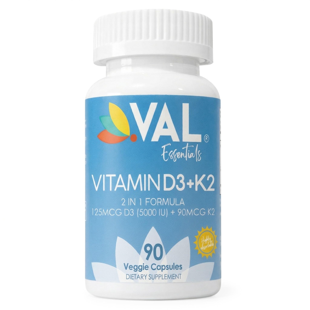 VAL D3 + K2 (MK-7) 5000 IU & 90 mcg - Bone & Heart Health Support - Potensi Tinggi, Non-GMO, Easy to Swallow - 90 Vegan Capsules - D3 K2 Supplemen Dibuat di Amerika Serikat