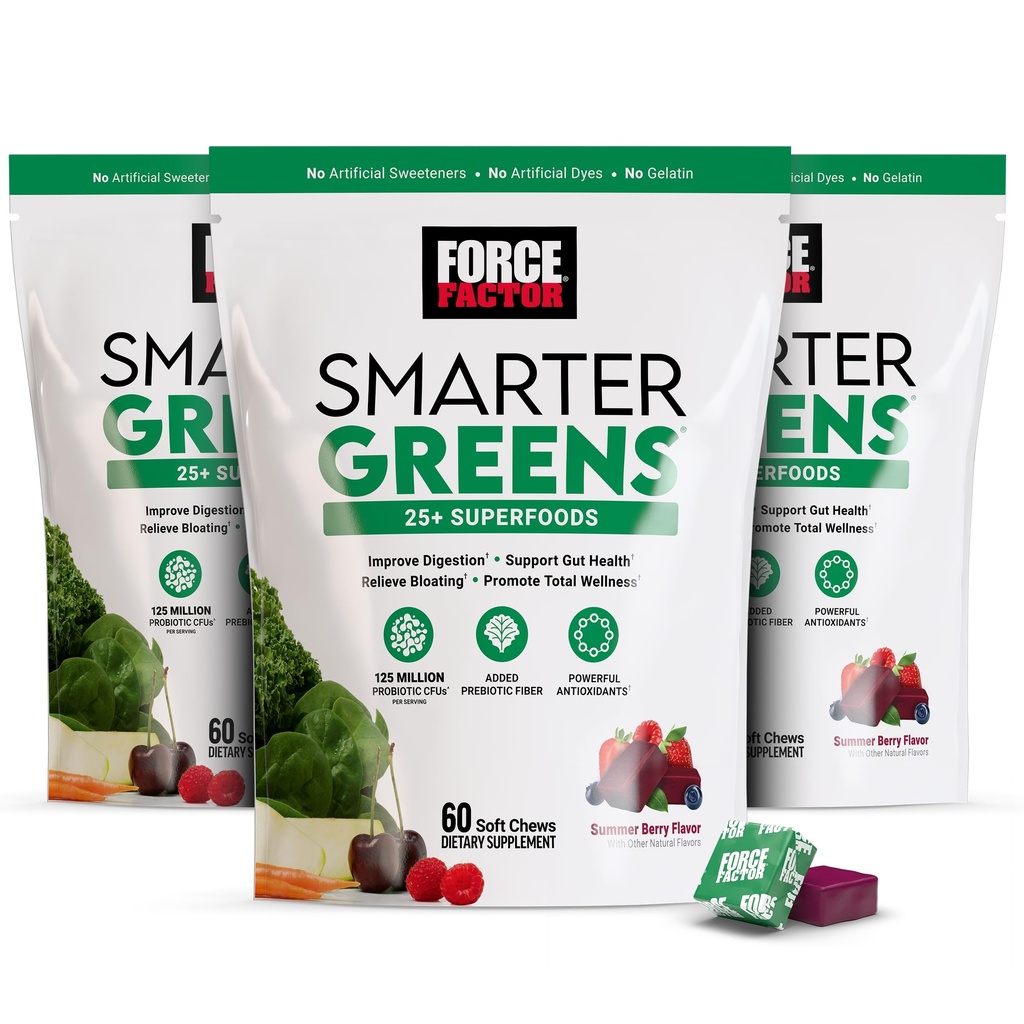 FORCE FacTOR Smarter Greens Superfood Chews, 3- Pack, Greens and Superfood with Progories, Antioksidants, and Fiber, Greens Suppport for Duffles, Nitric Oxide, and Energy, 180 Chews