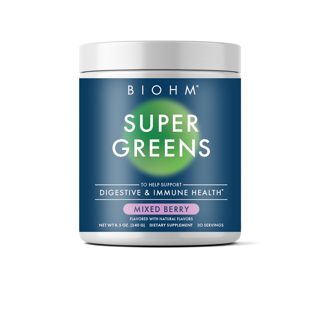 BiOHM Super Greens, Paduk Superfood Hijau (8.5 Oz, 30 Servings) Antioxidant Vevgie Powder & Smoothie Mix, 34 Superfoods & Spirulina, Digetical Enzymes, Pregren dan Progories, Mixed Berry Flavor
