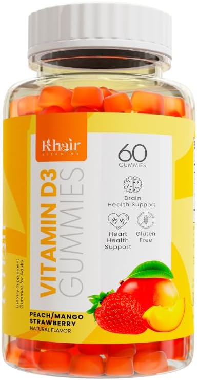 Khair Halal Vitamin D3 Gummies for Bone & Muscle Support - None-GMO, Gluten & gelatin Free, Vegetarian, Halla- Sertifikasi, Mangga Alami, Peach & Strawberry Flavors - 60 Gummies
