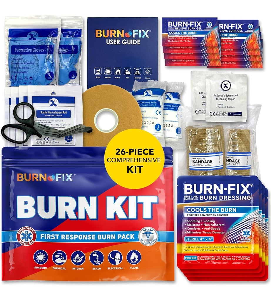 BurnFix ® Burn Kit First Aid for Burns Emergency - 26- Piece Burn Treatment with Cooling Gel, Dressings & Gloves - Kitchen, Sunburn, Chemical & Scald Relief - Home, Office, Travel,