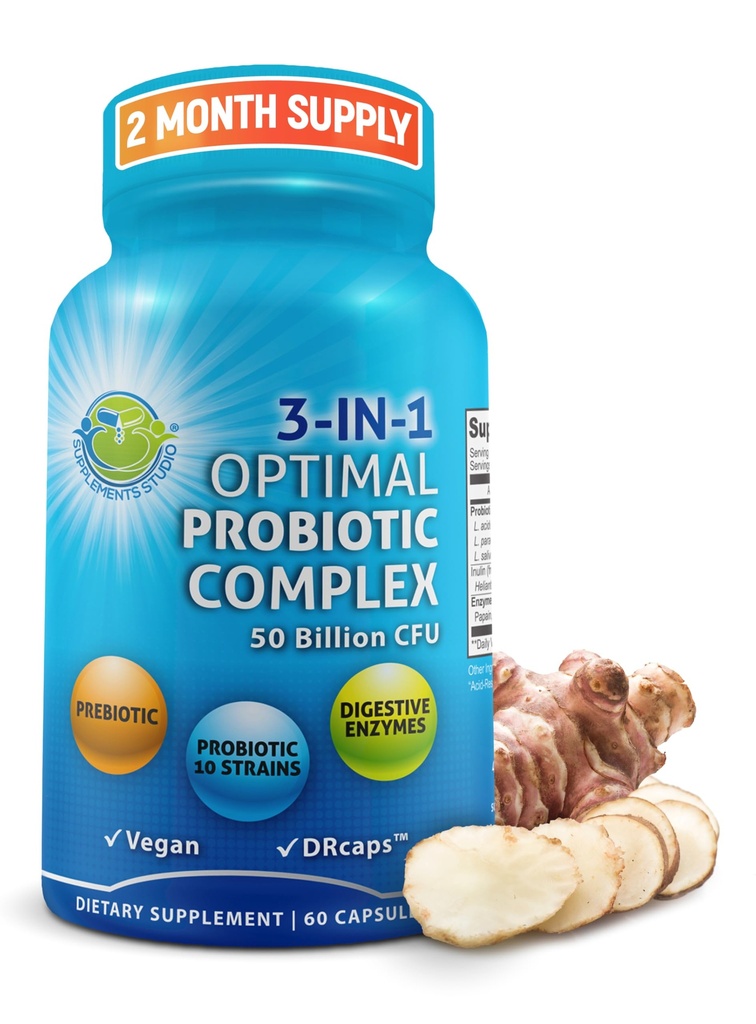 Probiotik dengan Enzymes Digetical dan Prebiotic untuk Perempuan dan Pria - 3-in-1 Vegan Probiotic Prebiotic Multi Enzyeme Kompleks untuk Kesehatan Gut - Maksimum Absorpsi Delayed- Pelepasan Kapsul