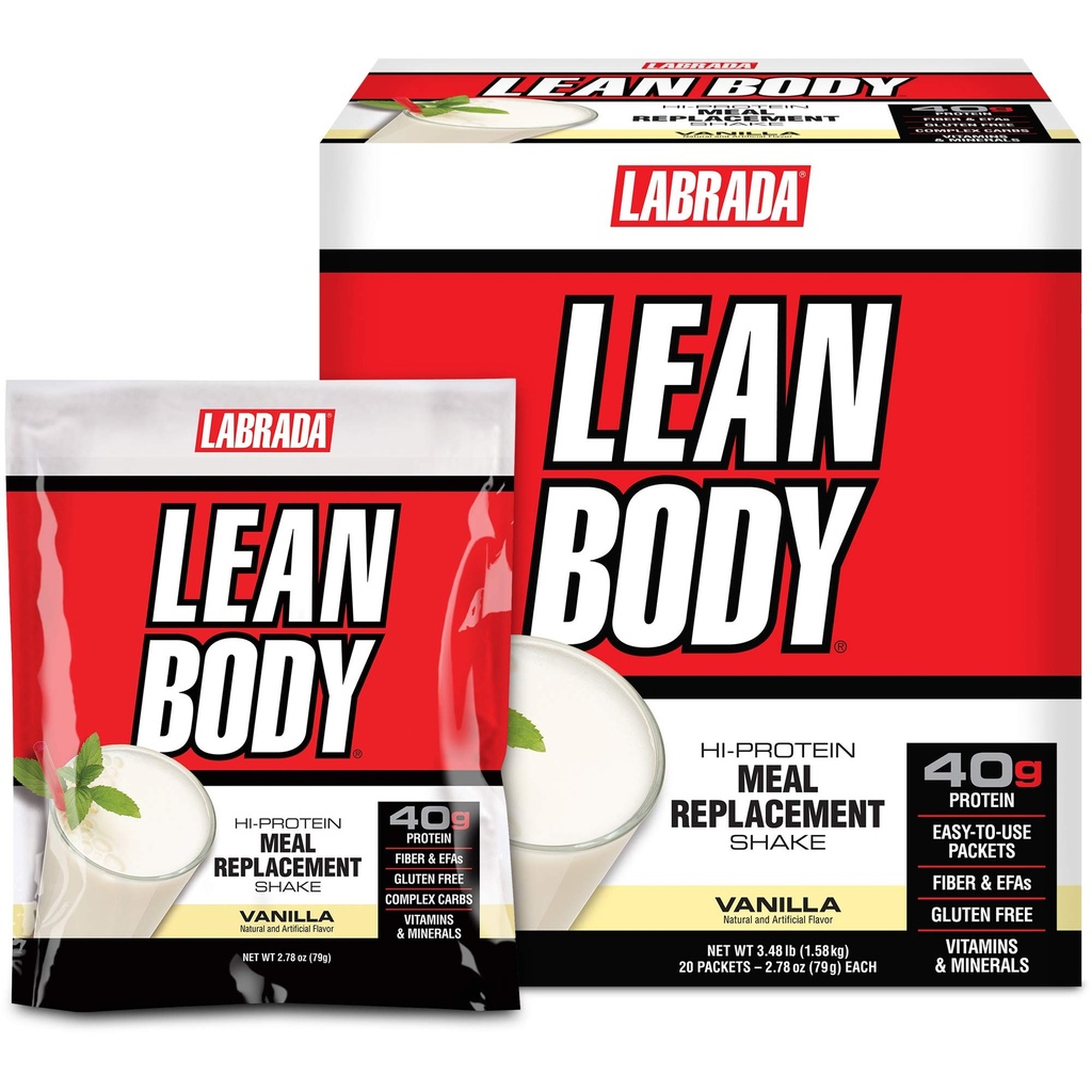 Lean Body MRP All- InOne Vanilla Meal Replacement Shake, 40g Protein, Whey Blend, 8g Healleal Fats EFA 's & Fiber, 22 Vitamin and Mineral, Tidak ada warna buatan, Gluten Free, (20 Paket)