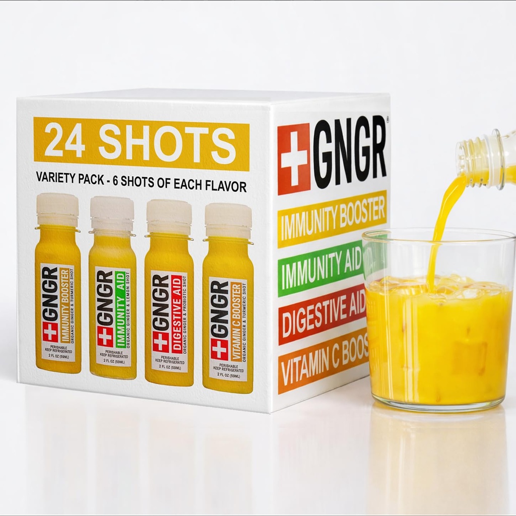+ GNGR 24 Variety Pack of Organic Immunity Boosting Ginger Shots - Cold Menekan Ginger Shots for All Natural Digetical and Ammune Dupport - Nothing Artificial - USDA Organic 2 flanic oz (Pack 24)