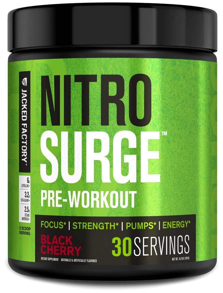 Jacked Factory NITROSURGE Pre Workout Supplement - Endless Energy, Instant Power Gains, Clear Focus and Intense Pumps - NO Booster & Powerful Pretraining Energy Quoder - 30, Black Cherry