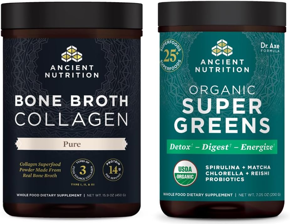 Nutrition Bone Brotth Collagen Powder, Pure, 30 pelayan + Organik Supergreens Powder, Hijau Flavor, 25 Hamba