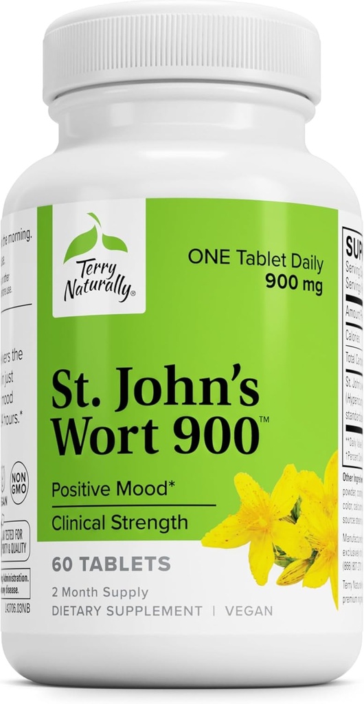 Terry Course St John 's Welt 900- 60 Tablet - Menyediakan Clinical Dose - Non-GMO, Vegan, Gluten Free - 60 Servings