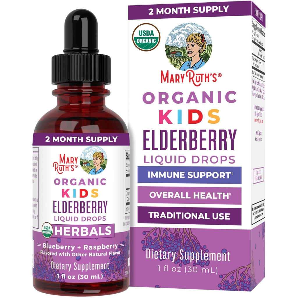 MaryRuth Organics USDA Organic Elderberry Liquid Drops for Kids 124; Vegan Elderberry Extract Organic Glycerin 14; Ammune Suppppplemen Atter4; Overall Health 124; Formulated for Ages 4-13: 144z