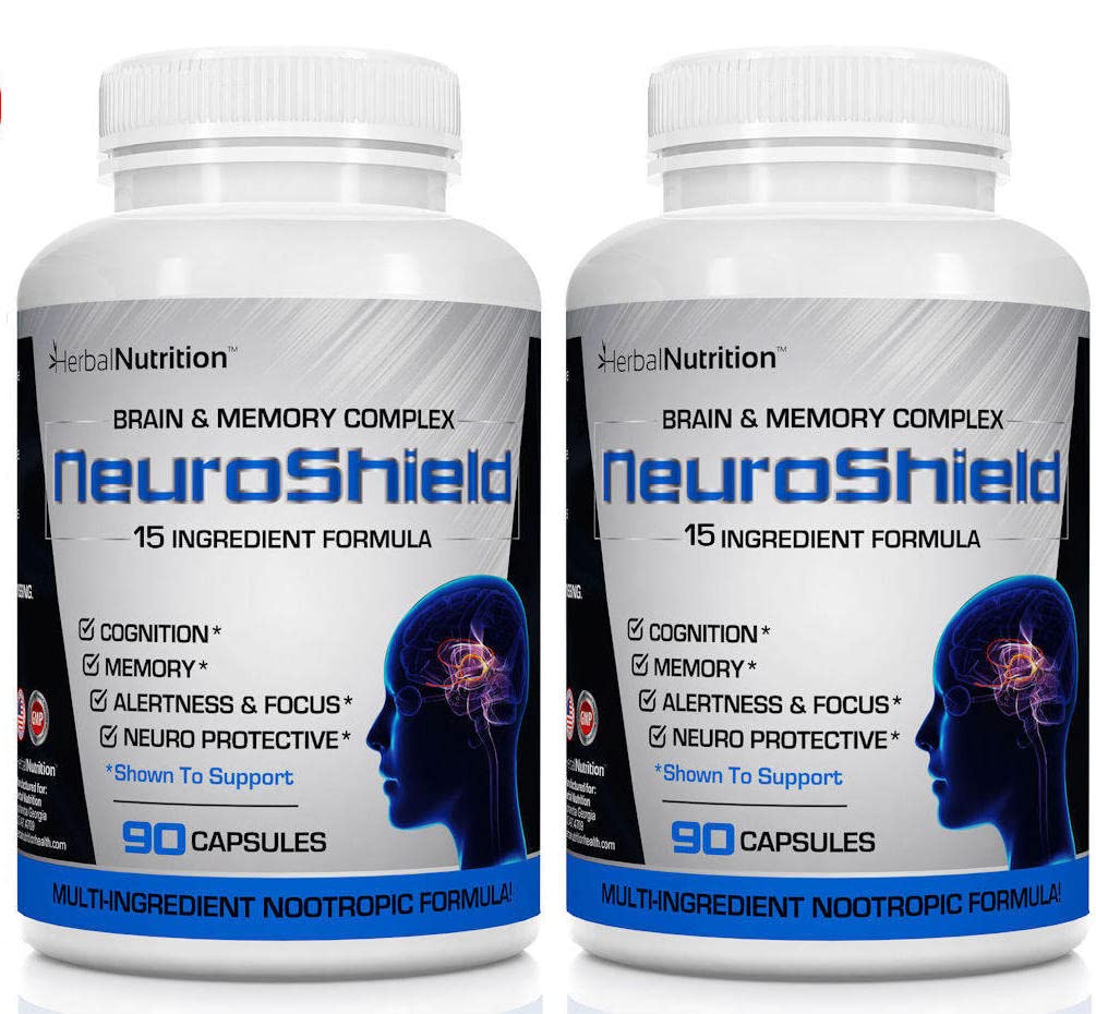 NeuroShield, Suplemen Otak Nootropic Brain Booster dan Pendukung Ingatan, Berisi Huperzine A, Ginko Biloba, Basopa Plus Antioksidants untuk Kesehatan Otak, Multi- Ingreasi, 2 Botol, 180 Capsules