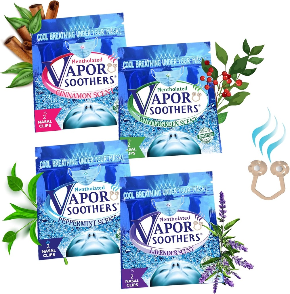 Nasal Dilator Clip, Cool & Easy Breathing Under Your Mask, 4- Scent Variety Pack (Peppermint, Wintergreen, Cinnamon, Lavender), 8 Count, Instant Nasal Consultion Relief, Drug-Free