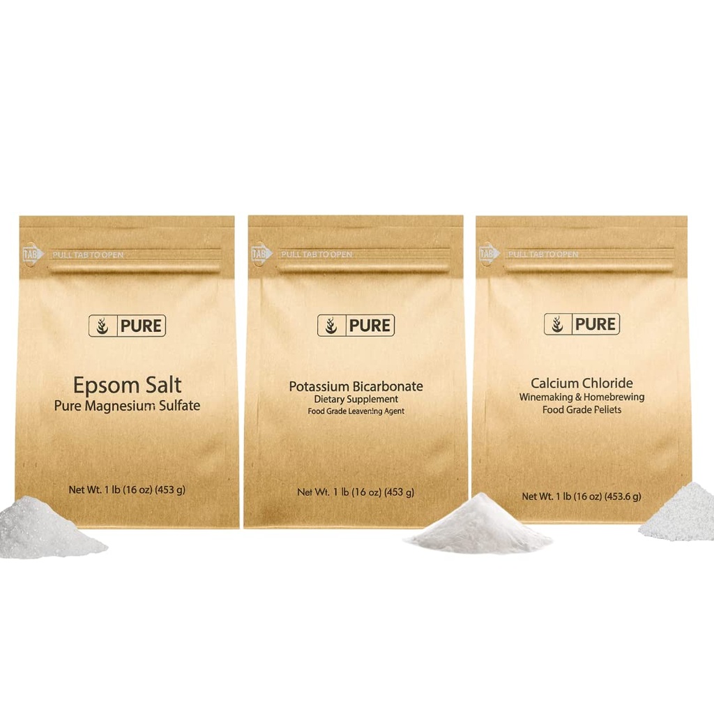 Murni Ingrediasi Asli Potasium Bikarbonat, Kalsium Chloride, & Epsom Salt Bundle, (1lb) Food Safe, Cleaning & Cooking