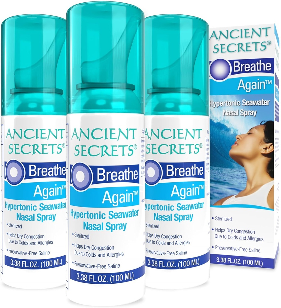 Rahasia ANCIENT Saline Nasal Spray - Breath Again Hypertonic Air Nasal Spray, Allergy & Sinus Relief, Nasal Contraffic Moisturizer, 3.38 Fl Oz (Paket 3)