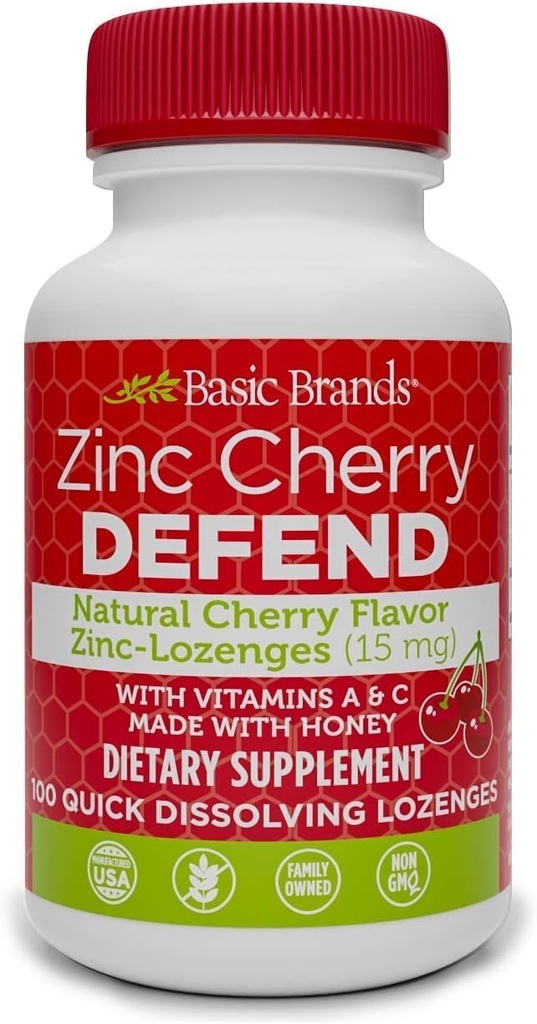 Dasar Brands - Zinc Cherry Defend - 100 Lozenges - Natural Cherry Flavor Zinc-Lozenges - Ammune Boost, Cold Relief, Non-GMO, Zinc Acetate & Vitamin C - 2- Pack