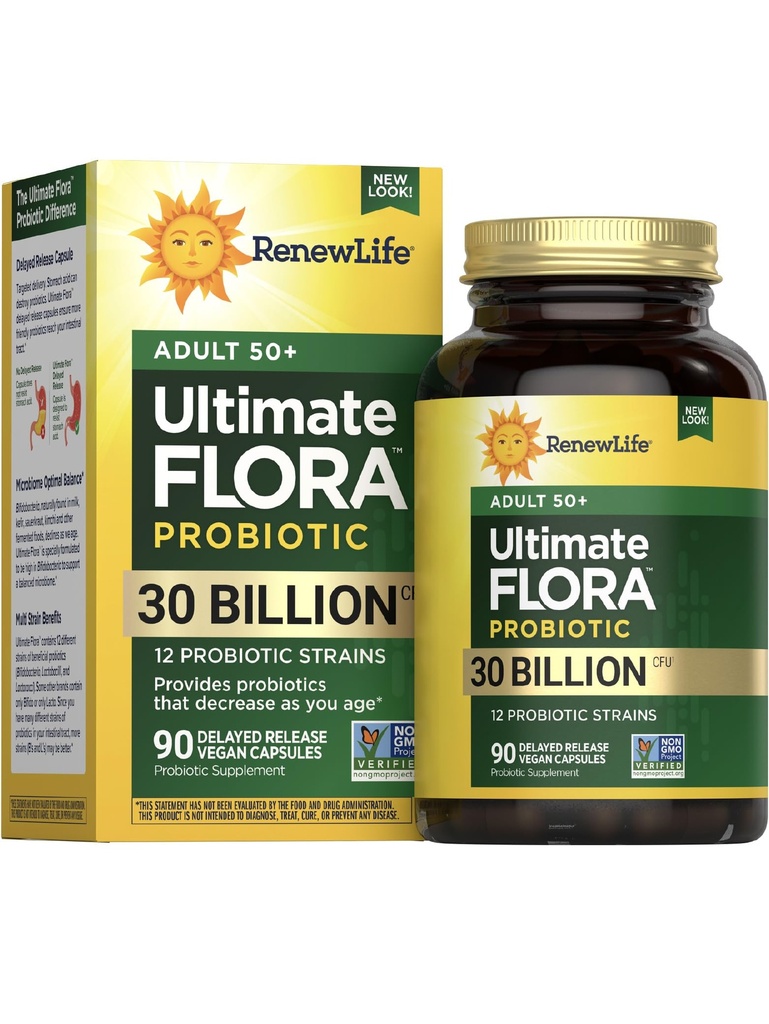 Renew Life Probiotic Adult 50 Plus Probiotic Capsules, Daily Support Urinary, Digetical and Immune Health, L. Rhamnosus GG, Dairy, Soy dan gluten- free, 30 Milyar CFU, 90 Count
