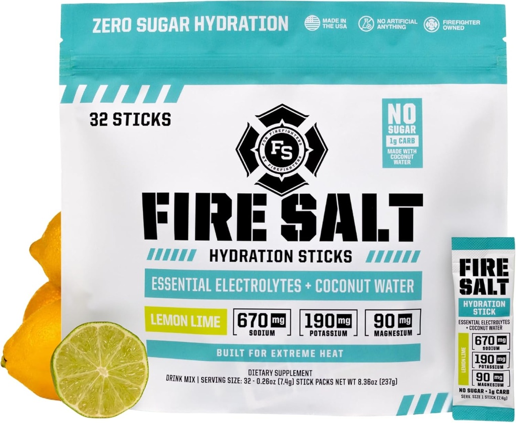 Fire Science Fire Salt Hydration Sticks, Electrolytes & Coconut Water, Hidration Drink with Magnesium, Potasium & Sodium, Zero Sugar, Single Serve On The Go Packs, Lemon Lime Flavor, 32 Count