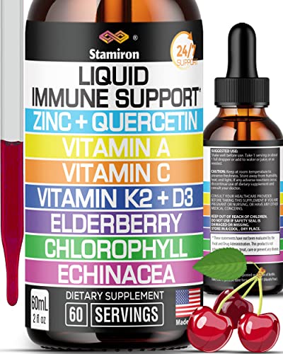 Zinc Quercetin Vitamin C D3 Liquid Immune Dukungan dengan Vitamin A K2 Echinacea Chlorofil dan Elderberry - 9in1 Ammune Defense Drops for Immunity Health Health - 60 Servis