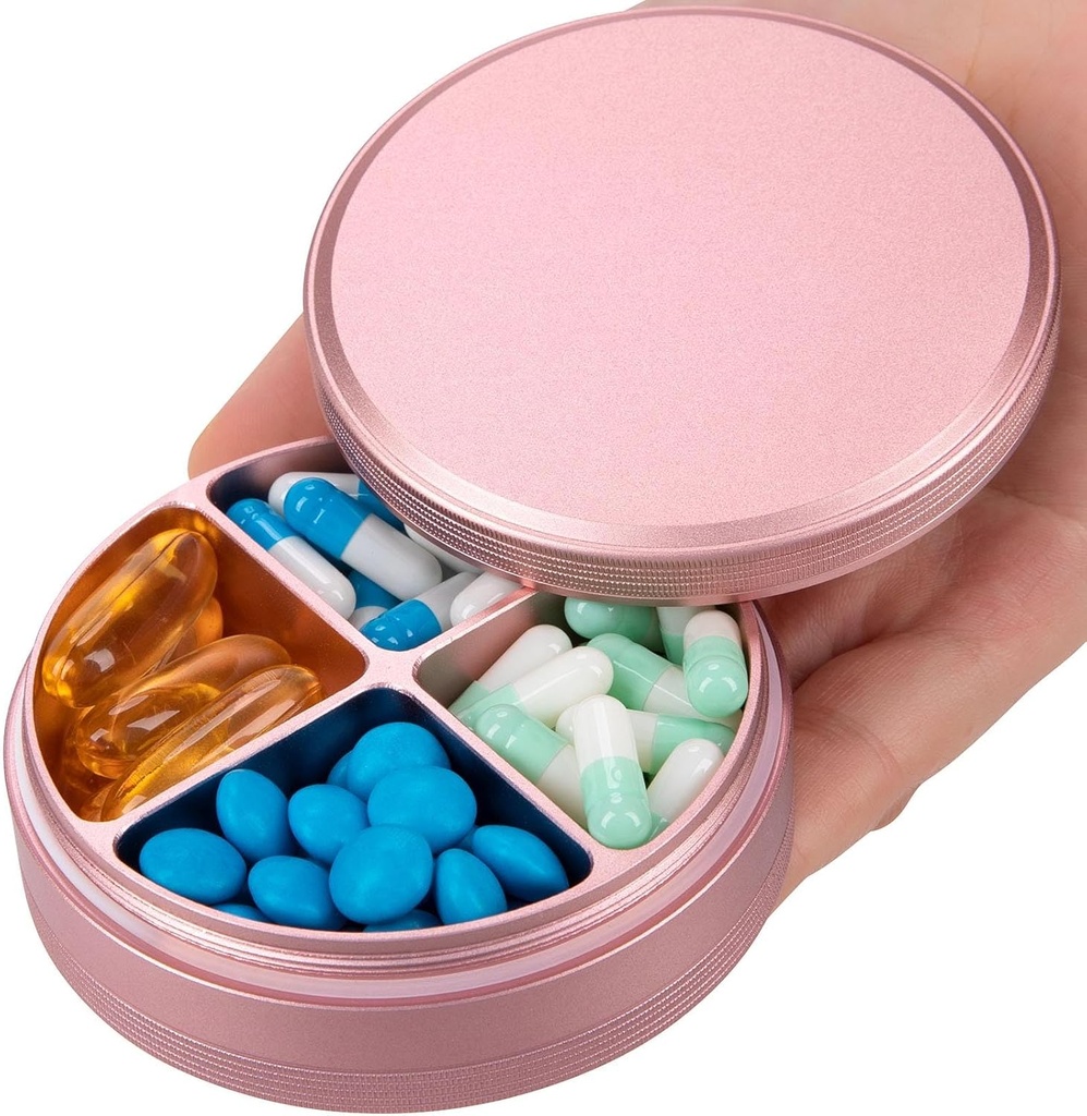 Metal Pill Organizer 4 Kompartemen - Portable Travel Pill Case Daily, Koper Pill Box for Purse, Compact Pil Holder Medicine Container for Vitamin Cod Liver Oil Suplemen Pink