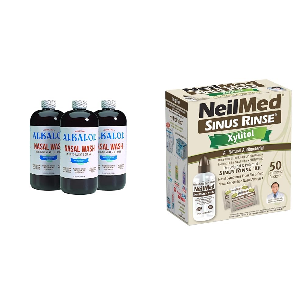 Alkahol Nasal Wash 3 Pack, NeilMed Sinus Rinse Kit dengan Xylitol - Bantuan Alam dari Nasal Contrable, Disfungsi Mucus, Antibakteri