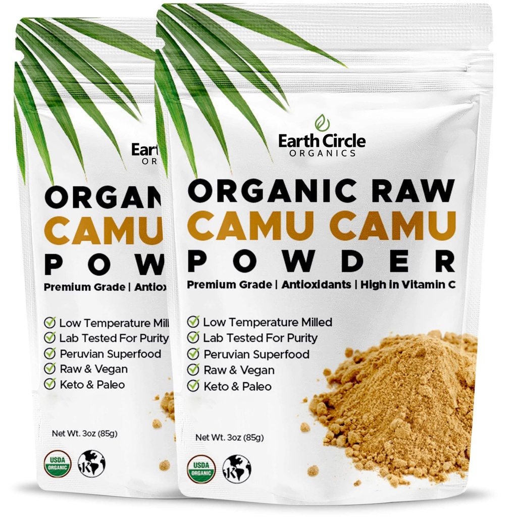 Bumi Circle Organics Camu Camu Powder - Powder organik Raw Berry dengan Vitamin C & Antioksidan Alam - Vegan, Kosher, Non-GMO Superfood untuk kekebalan & Energi - 3oz (Paket 2)