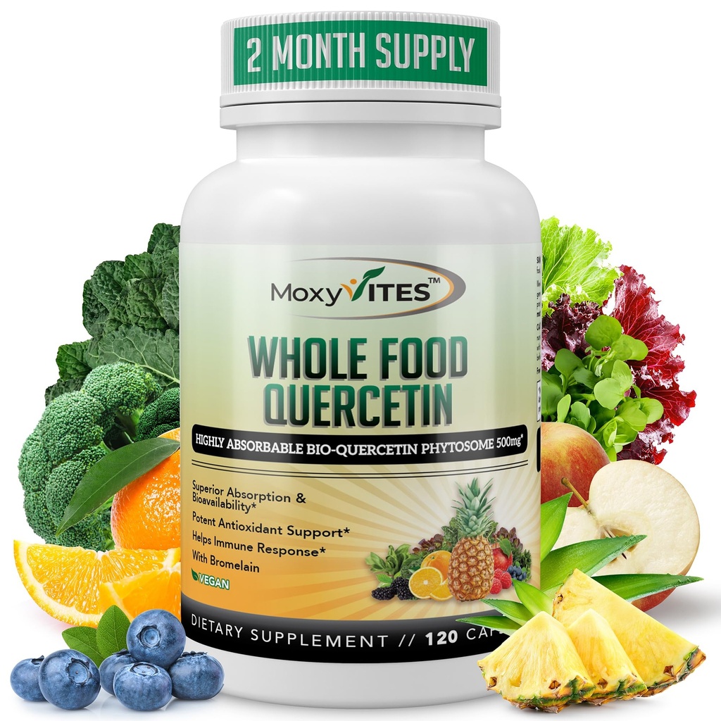 MoxyVites Quercetin dengan Bromelain 500mg Suplemen - Bioactive Phytosome Complex, Pure Organic Whole Food Seasonal Dukungan, Antiokidant, 20X Absorpsi & Biovaillabilility120 Caps