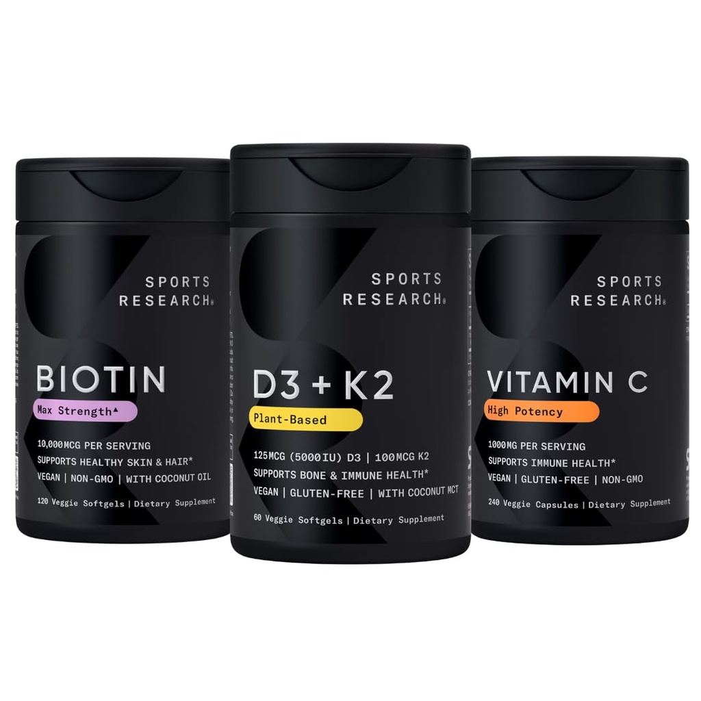 Riset Olahraga Vitamin D3 5000iu K2 100mcg, Vegan Biotin 100,000mcg dengan Coconut Oil dan Potency Tinggi Vitamin C Tambahan 1000mg