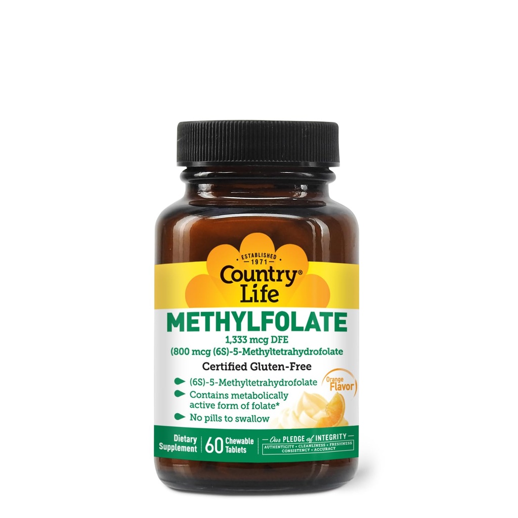 Country Life Methylfolate Chewable Tablet - Metabolicly Active Folate - Great Tasting Orange Flavor - Gluten- Free - Smooth Melts - Vegan B12 - Women Vitamin - Daily Suplemen - 60 tablet
