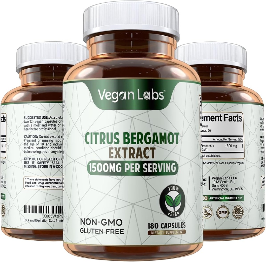 Lab Vegan Citrus Bergamot Extract 1500MG- 180 Vegan Capsules - 25: 1 Citrus Bergamia Extract Overall Health and Antioksidant Protection - Gluten Free, Non-GMO
