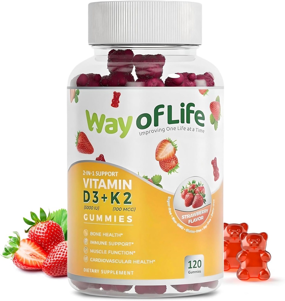 Vitamin D3 5000 IU (125 mcg) + K2 (MK-7) 100 mcg Sugarg-Free Gummies, Strawberry - 120 jumlah, Bone and Heart Health for Dewasa, Muscle Funtion, Pesti, Chewy, NON-GMO, Gluten- Free, Gagatin-Free