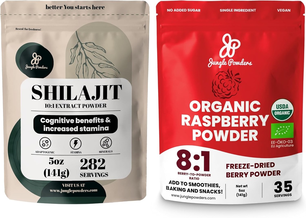 Powder Superfood Bundle: 5oz Raw Shilajit & 5oz Organic Raspberry Powder Combo - Dukungan Energi Pria, Imune Boost, USDA Sertifikasi Freeze- Dry Red Raspberry untuk Baking, Smoothies