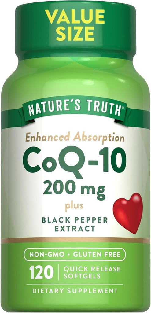 Nature 's Truth CoQ10 200mg 124; 120 Softgels 12.4; High Absorpsi 126; Non-GMO & Gluten Free Coenzim Supplemen 124; dengan Black Pepper Extract