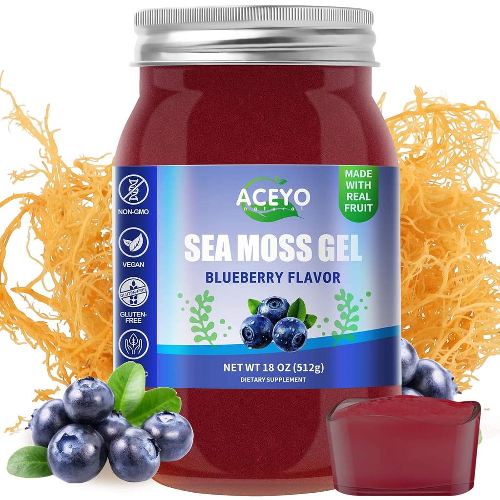 ACEYO (18 OZ) Irish Moss Gel Organic Raw Vegan Blueberry Flavor 102 Vitamin dan Minestray Wild Harowed None-GMO Defense Booster Digetsy Support