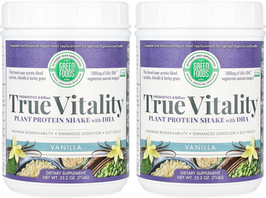 Green Foods True Vitalitas Plant Protein Shake, Vanilla, 25.2 Ounce (Paket 2)