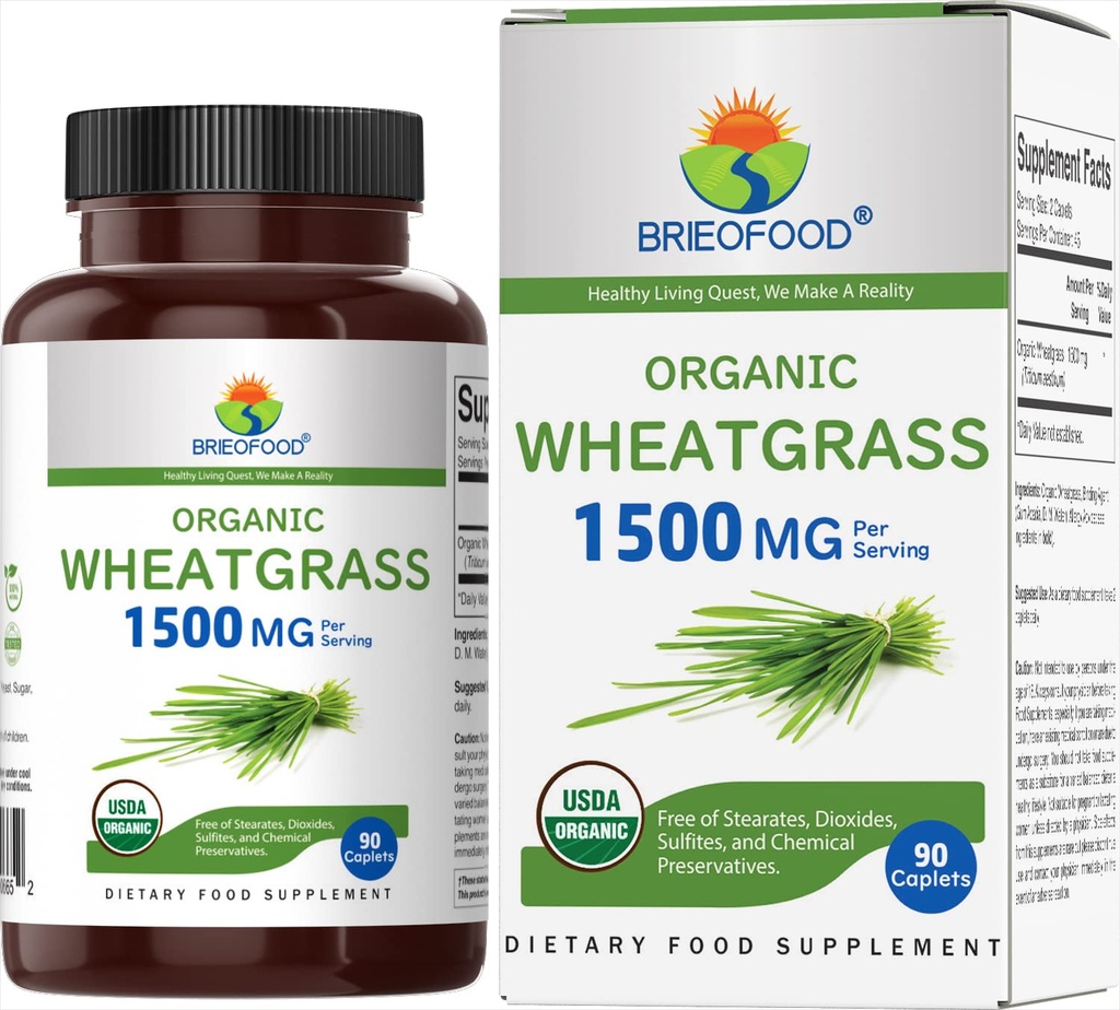Brieofood Organic Wheatgrass 1500mg, 45 Servis, Vegetarian, Gluten Free, 90 tablet Vegetarian