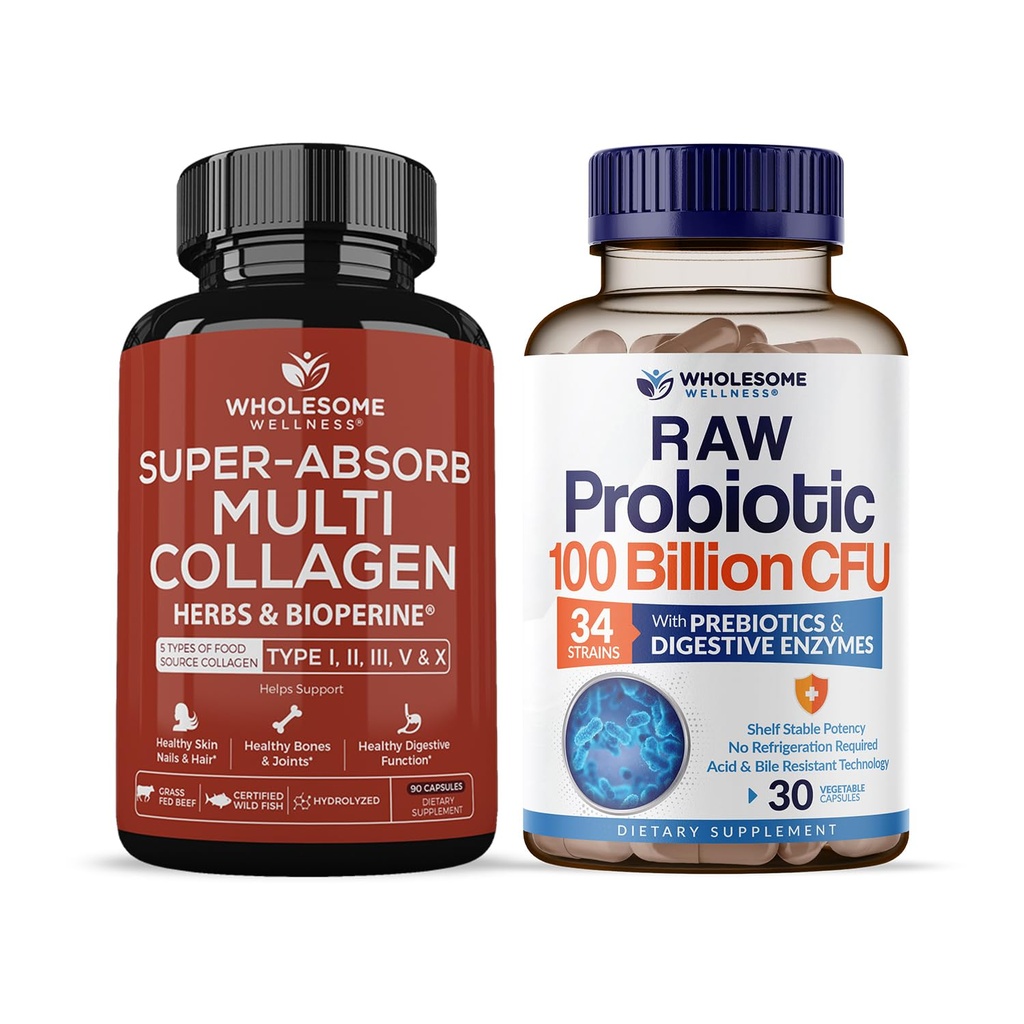 Whyesome Wellness Super- Absorb Multi Collagen Pil (Type I II V X) Organic Herbs dan Bioperine + Organic Progories 100 Milyar CFU, Dr Formulated Programs for Women, Men & Dewas Bundle