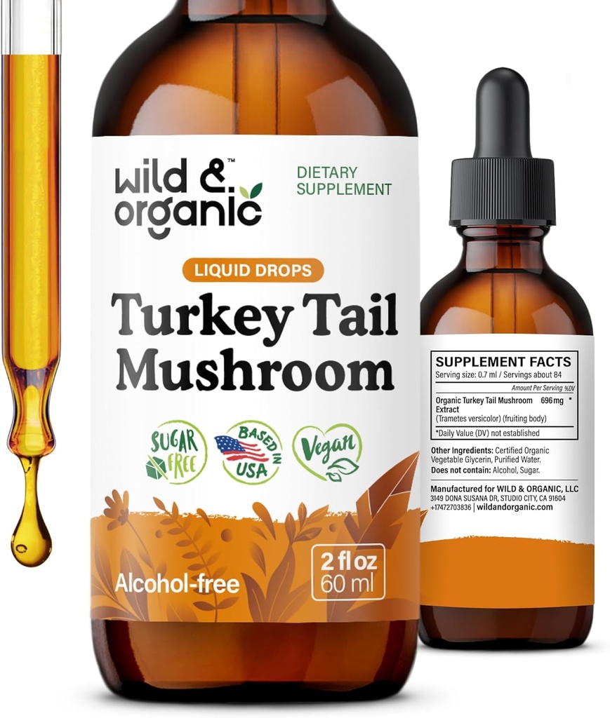 Wild & Organic Turkey Tail Tacrture - Imune & Gut Support - Turkey Tail Mushroom Extract Drops - Vegan, Sugar & Alcohold-Free Liquid Supplemen - 2 fli oz