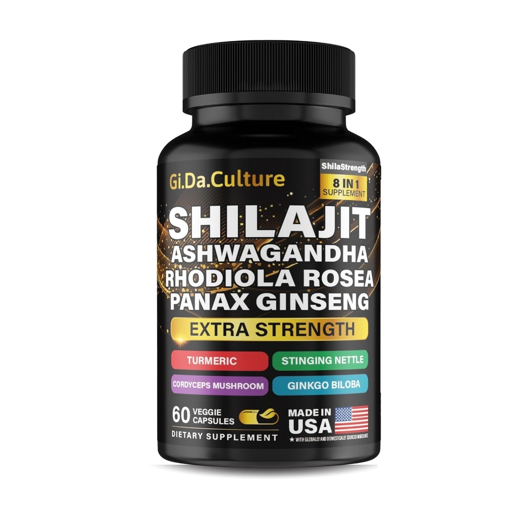 Shilajit Ashwagandha Rhodiola Rosea Panax Ginseng - untuk Pria dan Wanita - Shilajit Capsules - 60 Veggie Capsules
