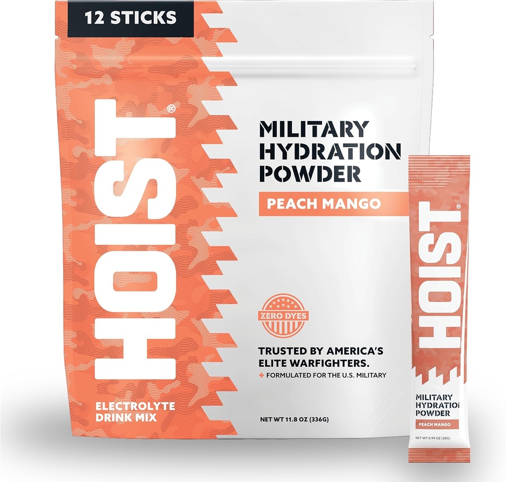 HOIST Electrolite Drink Mix Powder Sticks - Rapid Rehydration, Military Hydration Formula - Peach Mangga (12 Single- Serve Packs)
