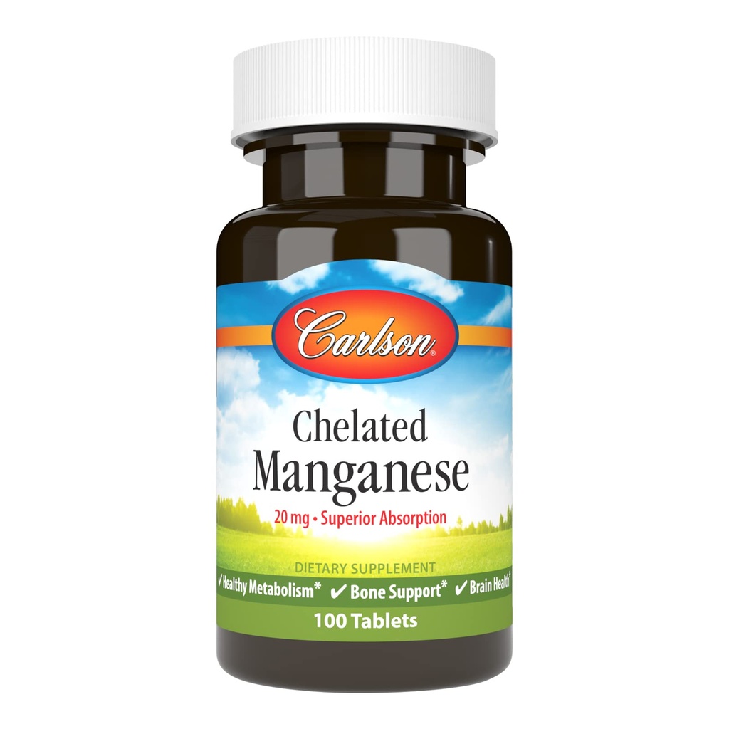 Carlson - Cheleated Manganese, 20 mg, Absorpsi Superior, Metabolisme Sehat, Dukungan Tulang & Kesehatan Otak, 100 Tablet