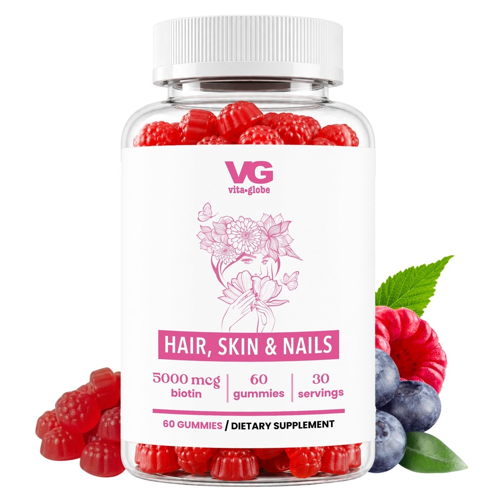 VITA GLOBE Hair, Skin & Nails + Collagen Gummies - 20mg with Vitamin A, C, D, E, B6 & Biotin Atterness Supplemen Kecantikan & Wellness untuk Pertumbuhan Rambut Berat, Radiant Skin & Strong Nails - 60 Count (Paket 1)