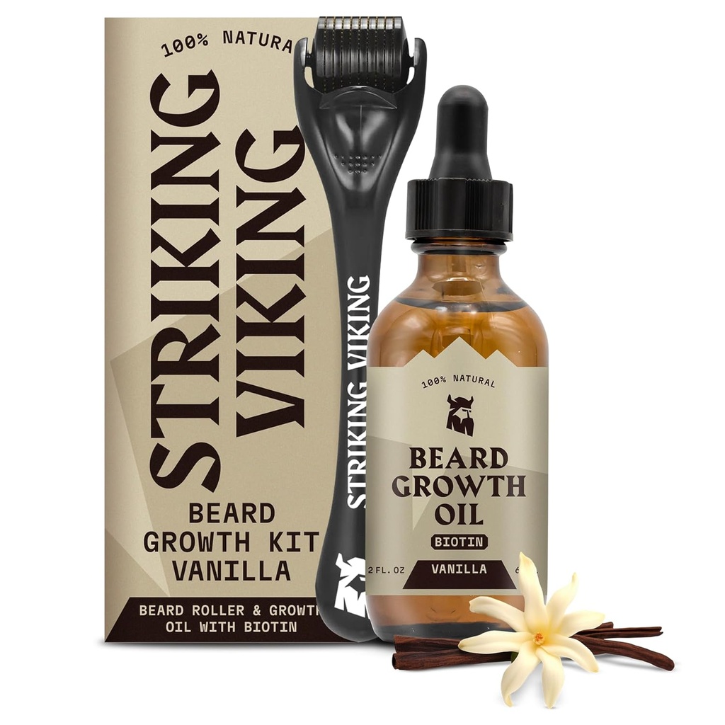 Striking Viking Growth Oil - 2 fl oz, Pack 1, Vanilla - Thicking Beard Oil dengan Jojoba & Argan Extracts - Promotes Factory Growth & Targets Patchy Areas - Biotin Dibangun