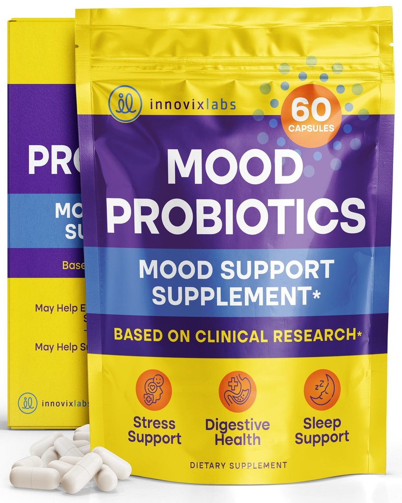 Probiotik Mood Lab InnovixLabs untuk Perempuan & Pria, Secara klinis Mempelajari Digetical Diood Supplemen, Lacleillus Helveticus Rosell-52ND & Bifidobacterium Longum Rosells - 175, 60 Capsules